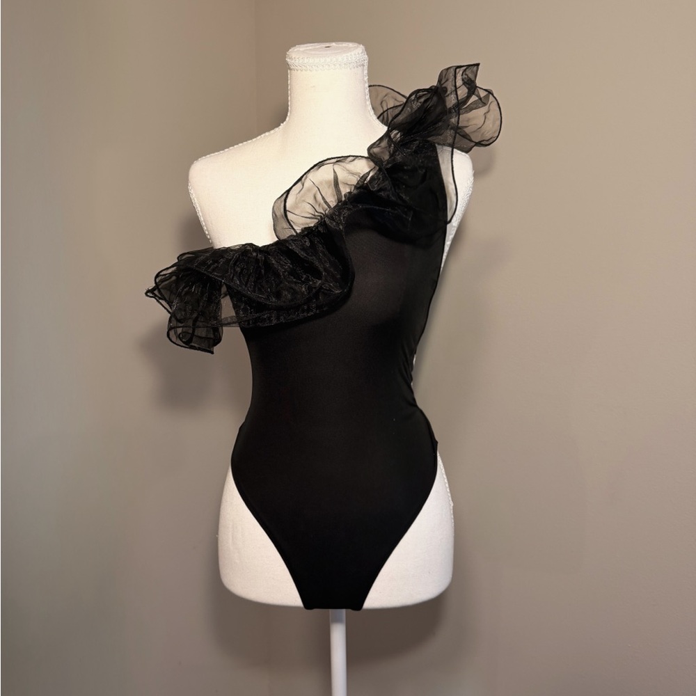 Black One-Shoulder Ruffle Bodysuit